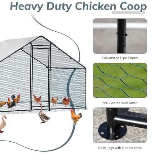 VINGLI Chicken Coop, 6.5 * 9.8 * 6.5 ft Large Metal Poultry Cage for Chicken Run, Walk-in Chicken Pen with Waterproof & Anti-UV Cover for Yard Outdoor (Black-Spire Roof) - color: Black-Spire Roof, size: 117.3"L x 77.6"W x 68.9"H