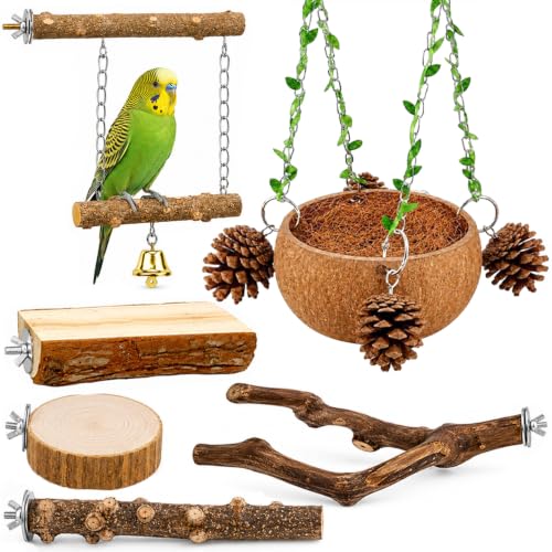 Bird Perch Bird Cage Accessories Parrot Toys Natural Wood 6Pcs Set for Parakeet Cockatiel Conure Lovebird Small Medium Birds