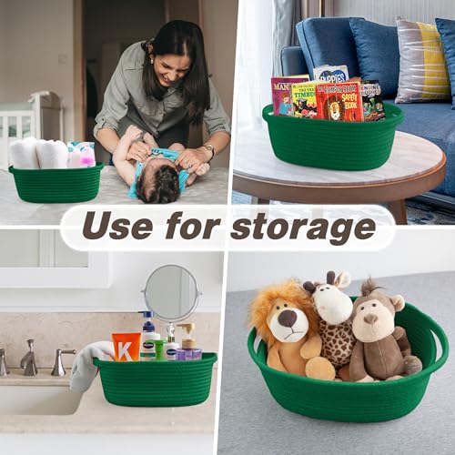 Pro Goleem Small Woven Basket with Gift Bags and Ribbons Durable Baskets for Gifts Empty Small Rope Basket for Storage 12"X 8" X 5" Baby Toy Baskets with Handles, Green - color: green
