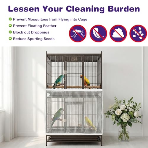 Bird Cage Cover, Large Breathable Nylon Mesh Seed Catcher Birdcage Guard with Adjustable Elastic Skirt for Prevents Seed Mess, Universal Birdcage Accessories for Parrot, Budgie, Cockatiel