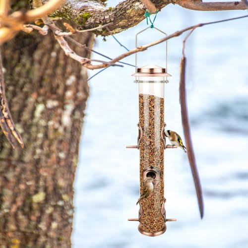 1PK Metal Wild Bird Feeder,Squirrel Proof Bird Feeders for Outside,Hanging 6 Port Tube Bird Feeder,Finch Bird Feeder for Attracting Birds in Your Lawn, Garden, Balcony-Antique Copper - color: Antique Copper