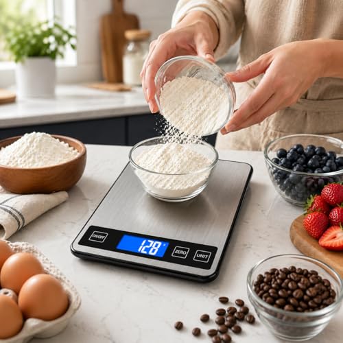 Digital Kitchen Scale 10kg/22lb, Food Scale with 1g Precision, Grams & Ounces, Stainless Steel, LCD Display, Tare Function, Multi-Unit, Battery Powered for Baking, Cooking & Meal Prep