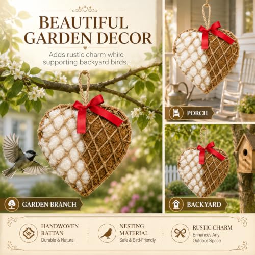 Bird Nesting Material Holder, Hanging Nesting Material Dispenser, Bird Nest Builder with Natural Cotton & Coconut Fiber, Heart Shaped Rattan Holder for Bluebirds, Chickadees, Finches