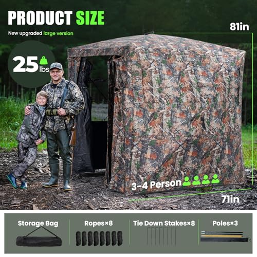 Hunting Blind 270 Degree See Through Ground Blind - 2-3 & 3-4 Person Pop Up Deer Blind for Hunting with Carrying Bag - 300D Reinforced Portable Durable Blind for Turkey and Deer - size: 3-4 Person