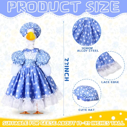 Abbylike Polka Dot Porch Goose Outfits for 23 Inch Plastic & Cement Statue Blue Lolita Dress with Lace Trim Farmhouse Goose Clothes with Hat for Summer Outdoor Patio Yard Lawn Decoration - style: Polka Dots