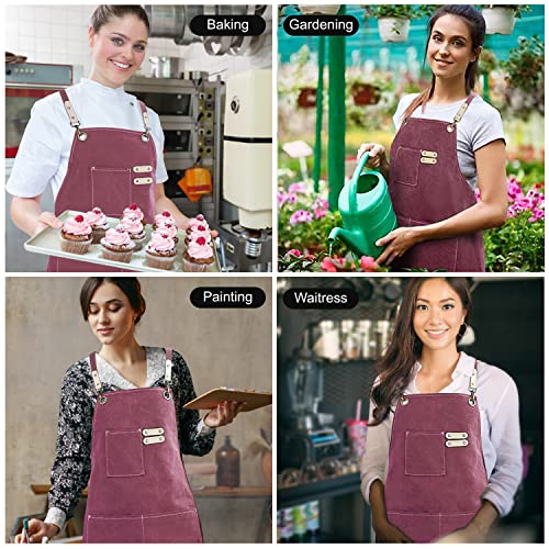 Hongsome Cotton Canvas Cross Back Apron for Art Painting Garden Chef Bartender Work,Women Men 3 Pockets Waterproof M-XXL - color: Purple