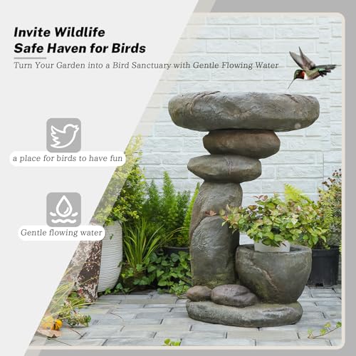 Solar Fountain for Bird Bath, Water Fountain Outdoor with Planter, Freestanding Rock Solar Waterfall with LED Lights for Garden, Patio, Yard - color: Gray-28 in