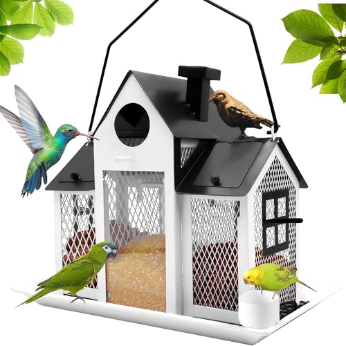 Solar Bird Feeders House for Outside Hanging, Metal Wild Bird Feeder for Outdoors Large Capacity Cardinal Birdfeeder Birdhouses Metal Bird Feeding Station White - color: white
