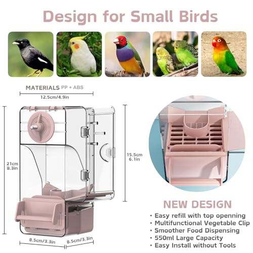 Automatic Bird Feeder, No Mess Bird Cage Feeder with Perch Multi-Functional Holder for Fruits Vegetables for Parakeet Canary Cockatiel Finch (Pink) - color: Pink