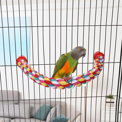 Hypeety Bird Rope Bungee Perch Adjustable Cage Stand Chewing Swing Toy | Stainless steel wire wrapped in soft cotton rope, u shape climbing perch, adjustable spiral stand for small and medium birds