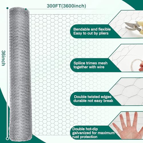 GlikCeil 36 in x 300 ft Chicken Wire Mesh Fencing for Floral Garden, 23 Gauge Silver Galvanized Steel Wire, 1 Inch Hexagonal Hardware Cloth Netting for Farm Crafts Poultry Coop Barrier Rabbit Cage - color: Silver, size: 36 in x 300 ft