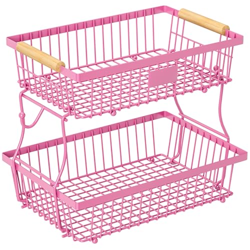2 Tier Fruit Basket for Kitchen Counter with 2 Banana Hangers, Countertop Metal Fruit Bowl with Wooden Handle, Large Storage Stand for Vegetables, Snacks, Breads, Produce Storage – Rose Pink - color: Rose Pink, size: 2 Tier