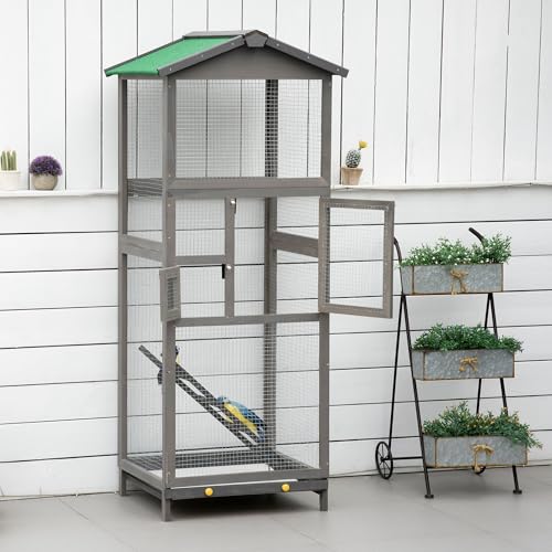 PawHut 65" Wooden Bird Cage Outdoor Aviary House for Parrot, Parakeet, with Pull Out Tray and 2 Doors, Grey | for Parrot, Parakeet, with Pull Out Tray, 2 Doors