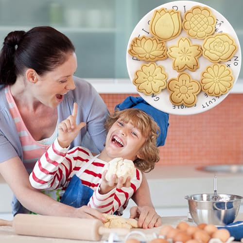 Flower Cookie Cutters 8Pcs Rose Tulip Lotus Biscuit Molds for Floral Baking | 3D Embossing Rose Cherry Blossom Daisy Molds for Wedding, Spring Party Homemade Pastries - color: Flowers