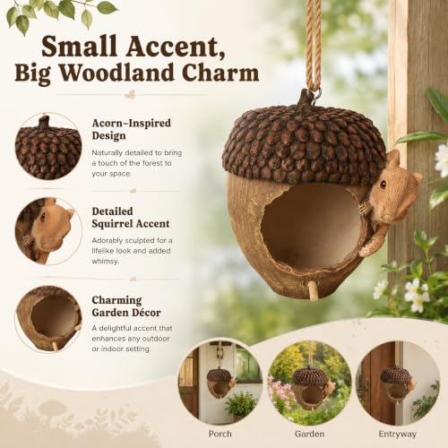 Acorn Bird House for Outside, Hand-Painted Resin Hanging Birdhouse with Squirrel, Weather-Resistant Decorative Bird House for Garden, Patio, Yard & Porch - style: Acorn