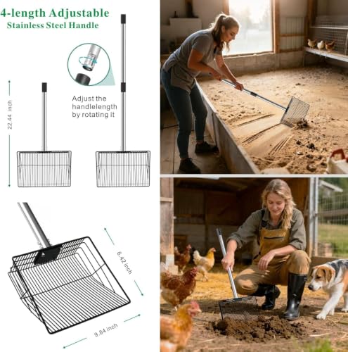 11.61" Chicken Poop Scooper & Rake 2-in-1+ 9.84" Pooper Scoopers, 25" to 67" Large Metal Litter Scoop with Adjustable Stainless Steel Handle for Farm Sifting Coops Cleaning Chicken Litter Pet Waste - size: 2-pack(11.81 inches + 9.84 inches)
