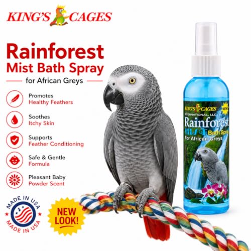 King's Cages Rainforest Mist Spray 8 oz. African Grey Pk2 Feather Conditioning Spray with Baby Powder Scent for Medium Bird Breeds Skin Relief and Plumage Care (Pack of 2) - size: Pack of 2