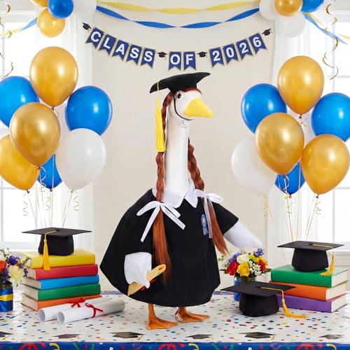 Abbylike Graduation Porch Goose Outfits Graduation Cap with Gold Tassel and Wig Yard Goose Costume Clothes Fits Large 23'' Cement for Garden Yard Statue Lawn Pathway Decorations - style: Graduation