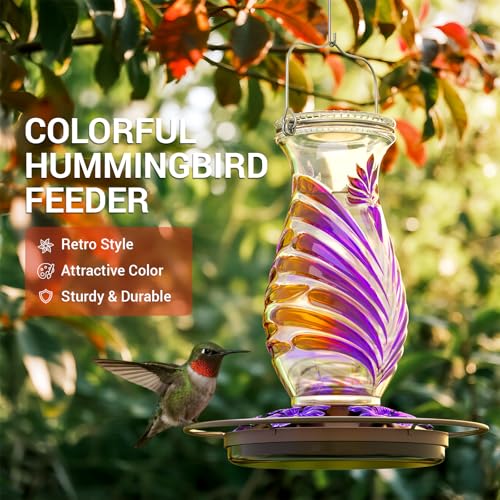 Hummingbird Feeder for Outdoors, 24oz Glass Nectar Feeder with Perch & 5 Flower Feeding Ports, Leakproof Hanging Bird Feeder for Garden Yard Decor, Outside Gifts for Women & Mom, Lavender - color: Lavender