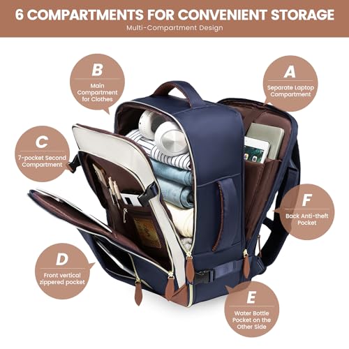LOVEVOOK 50L Travel Backpack Carry On Airline Approved, Large Backpack with 3 Packing Cubes, TSA Travel Essentials Carry On Bag, Waterproof Weekender Overnight Luggage Daypack, Fits 18 Inch Laptop - color: H-blue-beige-brown, size: XLarge - 18.5 Inch - 50