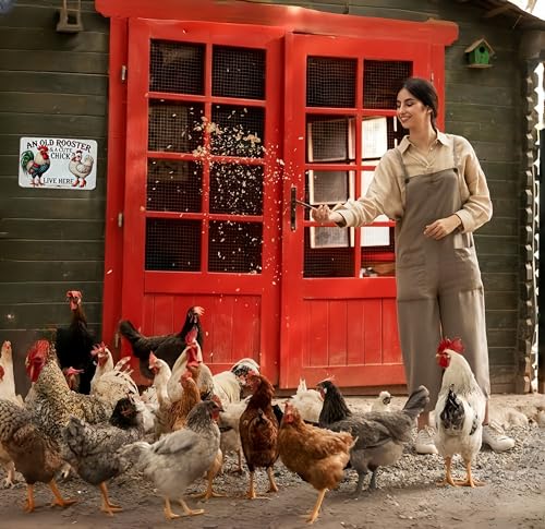 Smilelife Funny Gifts for Women Chicken Lovers Farm Enthusiasts An Old Rooster And A Cute Chick Live Here Chicken Tin Sign for Chicken Coop Farm Kitchen Garden Yard Decor 8 X 12 Inch (3821) - color: Light Blue