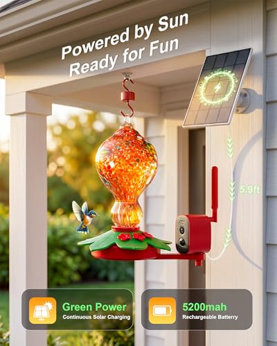 Hummingbird Feeder with Camera – 2.5K 5MP Solar-Powered Glass Bottle Smart Humming Bird Feeder with AI Recognition, Upgraded Leak-Proof & Ant Moat, Instant Alerts, Works with Alexa & Google Assistant