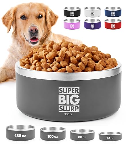 Tuff Pupper 100 oz Heavy Duty Insulated Stainless Steel Dog Bowl for Large Dogs, Non-Slip Base, Dishwasher Safe - color: Cool Grey, size: 100oz