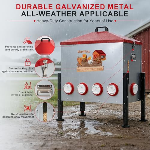 Automatic Chicken Feeder, 130LB Large Metal Poultry Feeder with 10 Ports | No Waste Metal Rat Proof Design With View Window And Adjustable Legs For Chickens, Ducks & Geese. Ideal Chicken Coop Feeder - size: 10 Ports - Max 130 lb