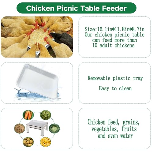Large Chicken Picnic Table Feeder with Removable Plastic Tray | Coop Accessories Must Haves,Poultry Feeders No Waste,Chicken Food Dispenser - color: White-Brown