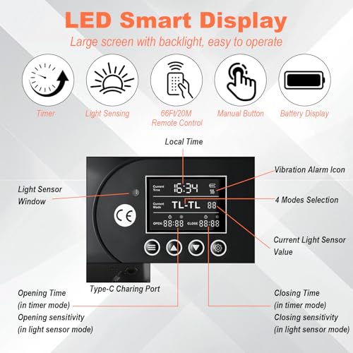 Cieex Automatic Chicken Coop Door Solar Powered with Remote Control & Timer | Large Auto Solar Chicken Door with Light Sensor, Waterproof Chicken Door, LED Display, Anti-Pinch Design for Small Poultry