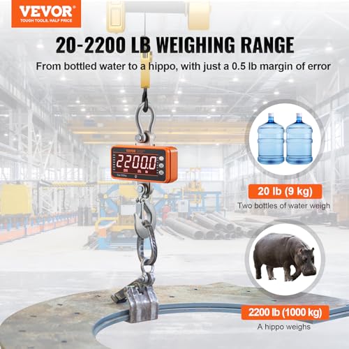 VEVOR Crane Scale, Hanging Scale Industrial Heavy Duty, Digital Crane Scale with Remote Control, Cast Aluminum Case & LED Screen, 2200 lbs/1000 kg,High Precision for Construction, Factory, Farm - style: 2200BLS