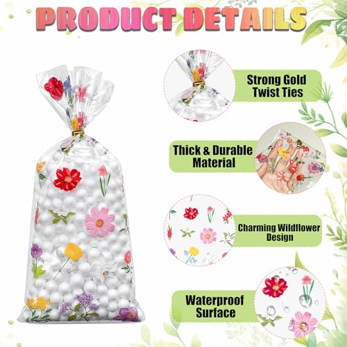 Soarvita Wildflower Cellophane Treat Bags: 100Pack Clear Plastic Floral Goodie Bags with 110 Ties for Cookies Snacks & Gift Packaging, Spring Candy Bag for Baby Bridal Shower Wedding Party Favors - color: Floral-100pcs