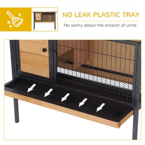 PawHut Rabbit Hutch Elevated Bunny Cage Metal Frame No Leak Tray Natural | Small Animal Habitat, Metal Wire Pan, Openable Water-Resistant Asphalt Roof, for Rabbits Chickens Ducks, Indoor/Outdoor - color: Natural Wood