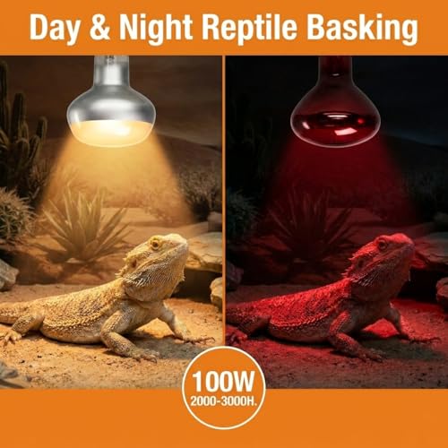2Pack 100W Reptile Heat Lamp, Day & Night Basking Lamp Combo | UVA Daylight Heat Bulb & Infrared Red Night Heating Light, Terrarium Heat Lamps for Reptiles, Bearded Dragon, Lizard, Chicken