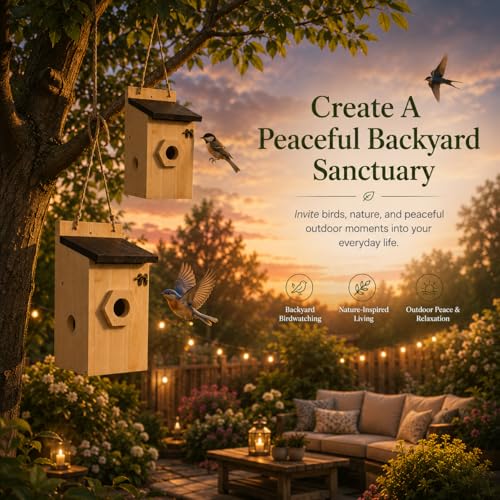 2 Pack Wooden Bird House for Outside Hanging, Birdhouse with 3 Interchangeable Entrance Holes, Predator Guard & Easy Clean Door, Outdoor Nesting Box for Bluebirds, Wrens, Chickadees - style: 2 Pack