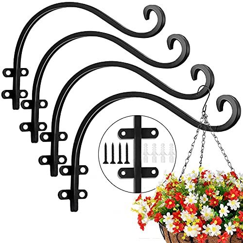 4 Pack Heavy Duty Plant Hanger Bracket, 12Inch Hanging Brackets for Plants Outdoor and Indoor, 80lbs Holding Capacity Metal Plant Wall Hooks, Black Hanging Plant Brackets for Flower Wind Bird Feeder | 80lbs Holding Capacity Outdoor Hanging Bracket Metal P