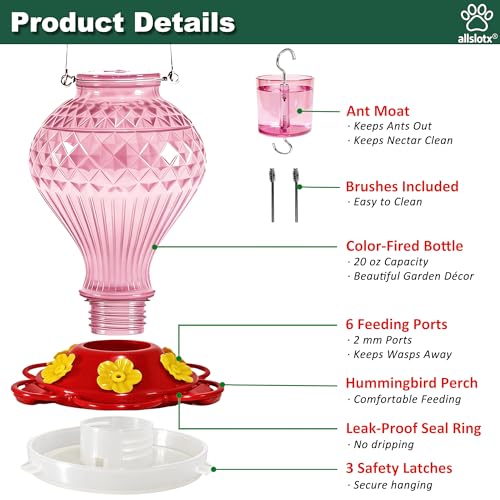 Glass Hummingbird Feeder for Outdoors Hanging, 20 oz Nectar Capacity, 6 Feeding Ports, Leak-Proof Rust-Free Plastic Base, Easy to Refill & Clean, Decorative Pink Glass Bird Feeder for Garden Patio - color: Pink, size: 20 Fluid Ounces
