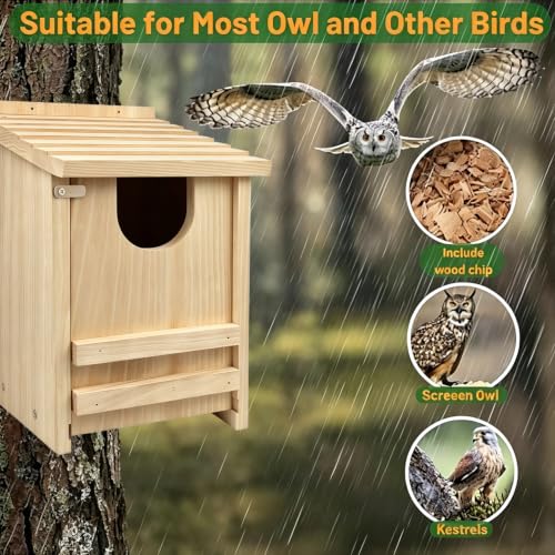 Pine Owl House,14×9×9 Inch Weather‑Resistant Outdoor Nesting Owl Box | Outdoor natural pine owl box with wood shavings, quick assembly. Weather‑resistant shelter, ideal gift for wildlife lovers.