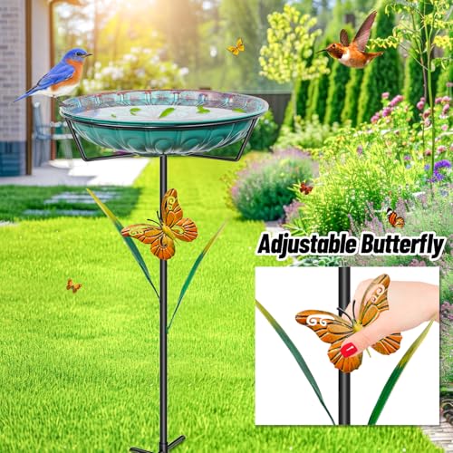Metal Bird Bath for Outside, 35In Freestanding Birdbath with 5-Pronged Sturdy Base, Removable Easy Clean Birdfeeder Bowl with Butterfly & Leaf for Outdoors Garden Patio Yard Lawn Decor(Blue)