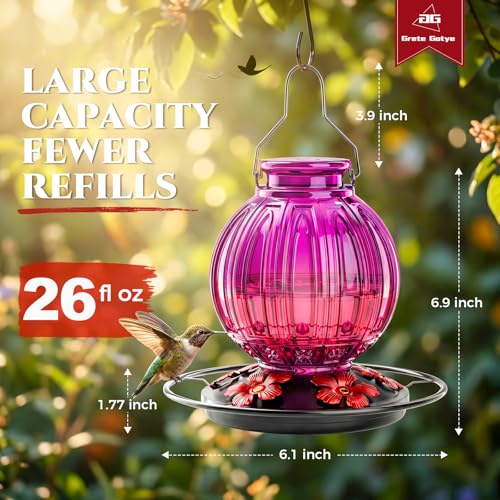 Glass Hummingbird Feeder for Outdoors Hanging, 26 fl oz Bird Nectar Feeder | Metal Flower Feeding Ports, 360° Perch Ring, Easy Refill Clean, Leakproof, Ideal for Backyard, Garden Decor, Purple & Red - color: Purple-Red Gradient