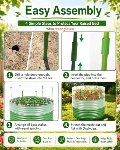Garden Netting Kit for Raised Beds, 2.3 x 2.3 FT Fine Mesh Plant Cover with Support Stakes & 8 Clips, Wind-Resistant Insect Bird Barrier for Seedlings, Vegetables, Fruits & Patio Planters - size: 2.3×2.3 FT-Round Shape