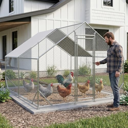 10' x 13' Large Metal Chicken Coop, Outdoor Heavy-Duty Chicken Run with Waterproof Oxford Cover & Secure Lockable Door, Walk-in All-Weather Poultry Cage for Hens, Ducks, Rabbits, Silver - color: Silver B, size: 120.0"L x 156.0"W x 156.0"H