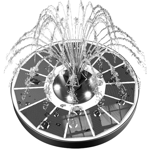 SZMP Solar Fountain Upgraded 100% Glass Panel, 3.5W Floating Solar Powered Water Pump Built-in 2000 Battery with 7 Nozzle & 4 Fixer, Solar Bird Bath Fountains for Garden, Pond, Outdoor - color: White Led Lights