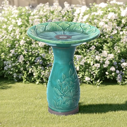LuxenHome 23" Ceramic Bird Bath for Outside, Jade Green Outdoor Bird Bath | Lightweight Pedestal Glazed Birdbaths for Outdoors with Floral Embossed Design, Elegant Tall Outdoor Birdbath - color: Jade Green