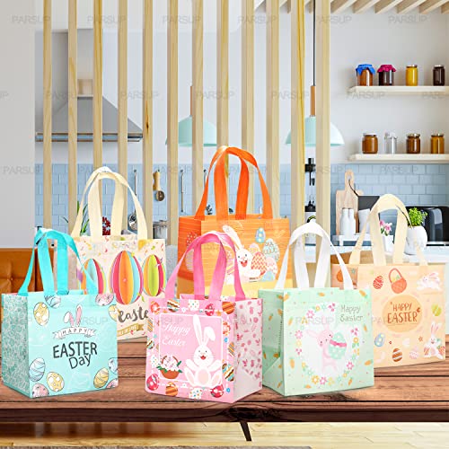 PARSUP 12PCS Happy Easter Bunny Carrot Chick Egg Hunt Gift Treat Multifunctional Non-Woven Bags with Handles,Easter Party Supplies for Gifts Wrapping, 8.3×7.9×5.9inch - color: Orange Yellow Blue Pink Green
