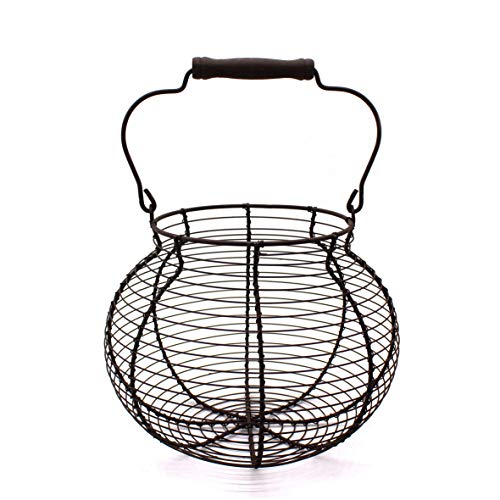 Antique Wire Egg Basket with Wood Handle Primitives Vintage Gathering Basket. Rusty - size: 8-1/4" Dia. x 7-1/4" H - Rusty