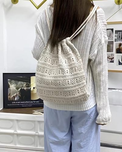 Lobagve Handmade Crochet Cotton Drawstring Backpack Boho Purse Leisure Daypack - color: Hollow Out-white