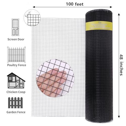 Black 16 Gauge Vinyl Coated Hardware Cloth 1 inch 48 in x100ft for Fencing | turdy yet flexible terrain for easy installation.Rigid barrier deters rabbits, gophers, and rodents. - size: 1 inch 48in x 100ft