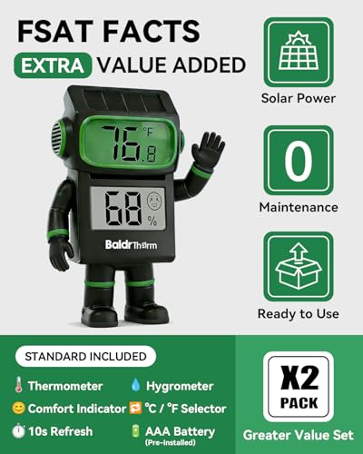 BALDR 2-Pack Digital Hygrometer Thermometer, Solar Power with Battery Backup Temperature and Humidity Monitor, Mini Room Thermometer with Comfort Indicator (Black) - color: Black 2 Pack