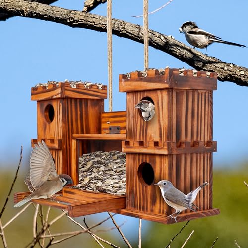 MIXUMON Castle-Style 4 Room Wooden Birdhouse with Large Center Feeder, Outdoor Multi-Room Bird House for Garden & Backyard, 1.57" Entrance Hole, Easy-Clean Access Doors, Twin Tower Decorative Design